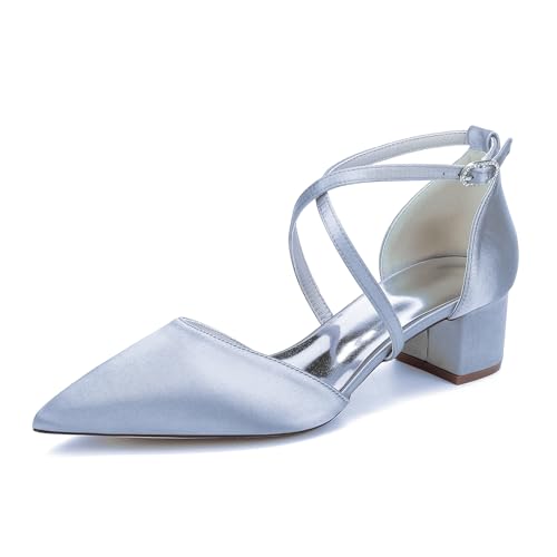 EICOFF Damen Blockabsatz Satin Pumps Geschlossene Zehen Hochzeitsschuhe Kreuz Knöchelriemen Kleid Schuhe Brautjungfern Abende Party Gastschuhe,Silber,36 EU von EICOFF