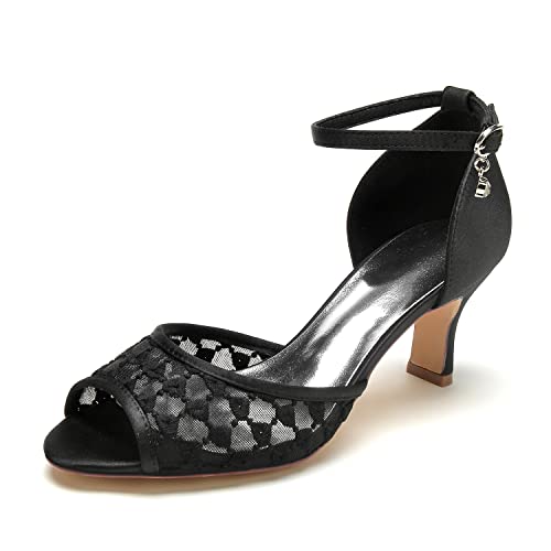 EICOFF Damen Braut Riemchenpumps Mid Kitten Heel Brautschuhe Peep Toe Knöchelriemen Stiletto Absatzschuhe Kleid Pumpschuhe Sandalen,Schwarz,40 EU von EICOFF