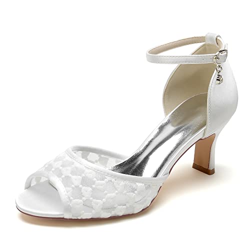 EICOFF Damen Braut Riemchenpumps Mid Kitten Heel Brautschuhe Peep Toe Knöchelriemen Stiletto Absatzschuhe Kleid Pumpschuhe Sandalen,Weiß,43 EU von EICOFF