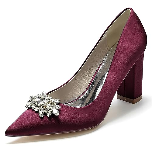 EICOFF Damen Chunky Blockabsätze Hochzeit Brautschuhe Spitze Geschlossene Zehe Kristall Slip-On Absatzschuhe Kleid Partei Gericht Schuhe,Burgundy,36 EU von EICOFF