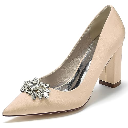 EICOFF Damen Chunky Blockabsätze Hochzeit Brautschuhe Spitze Geschlossene Zehe Kristall Slip-On Absatzschuhe Kleid Partei Gericht Schuhe,Champagne,42 EU von EICOFF