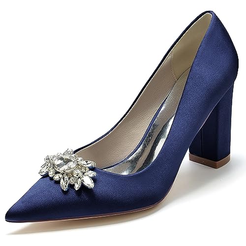 EICOFF Damen Chunky Blockabsätze Hochzeit Brautschuhe Spitze Geschlossene Zehe Kristall Slip-On Absatzschuhe Kleid Partei Gericht Schuhe,Dark Blue,40 EU von EICOFF