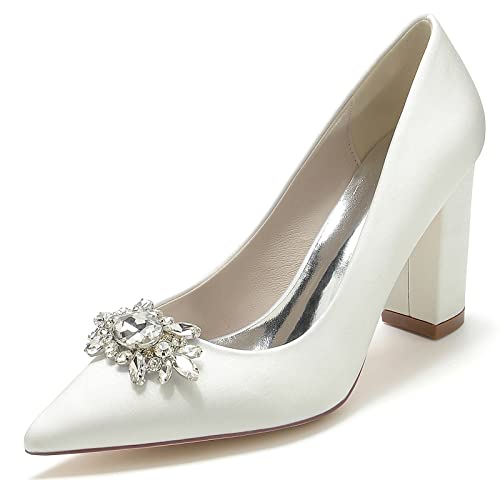 EICOFF Damen Chunky Blockabsätze Hochzeit Brautschuhe Spitze Geschlossene Zehe Kristall Slip-On Absatzschuhe Kleid Partei Gericht Schuhe,Elfenbein,37 EU von EICOFF