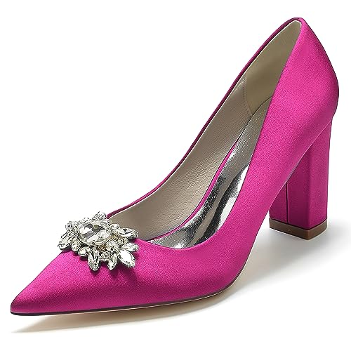 EICOFF Damen Chunky Blockabsätze Hochzeit Brautschuhe Spitze Geschlossene Zehe Kristall Slip-On Absatzschuhe Kleid Partei Gericht Schuhe,Rose,43 EU von EICOFF