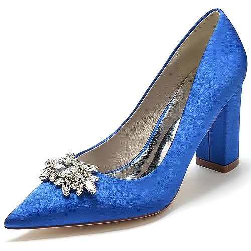 EICOFF Damen Chunky Blockabsätze Hochzeit Brautschuhe Spitze Geschlossene Zehe Kristall Slip-On Absatzschuhe Kleid Partei Gericht Schuhe,Royal Blue,39 EU von EICOFF