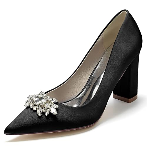 EICOFF Damen Chunky Blockabsätze Hochzeit Brautschuhe Spitze Geschlossene Zehe Kristall Slip-On Absatzschuhe Kleid Partei Gericht Schuhe,Schwarz,41 EU von EICOFF