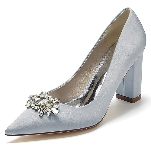 EICOFF Damen Chunky Blockabsätze Hochzeit Brautschuhe Spitze Geschlossene Zehe Kristall Slip-On Absatzschuhe Kleid Partei Gericht Schuhe,Silber,40 EU von EICOFF