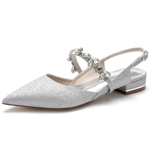 EICOFF Damen Geschlossene Spitze Zehen Brautschuhe mit Riemchen Niedrige Absatz Hochzeitsschuhe,Silber,41 EU von EICOFF