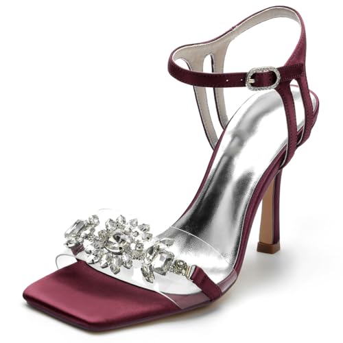 EICOFF Damen High Heels Offene Zehen Kleid Pumps Satin Strass Knöchelriemen Braut Hochzeitsschuhe Abend Party Kleid Absatzschuhe,Burgundy,38 EU von EICOFF