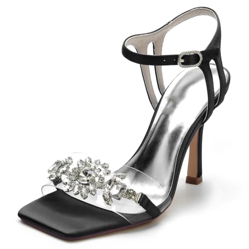 EICOFF Damen High Heels Offene Zehen Kleid Pumps Satin Strass Knöchelriemen Braut Hochzeitsschuhe Abend Party Kleid Absatzschuhe,Schwarz,38 EU von EICOFF