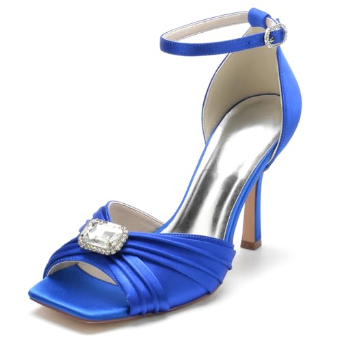 EICOFF Damen High Heels Strass Kleid Pumpschuhe Satin Offene Zehen Knöchelriemen Braut Hochzeitsschuhe Abendparty Abschlussball Sandalen,Royal Blue,39 EU von EICOFF