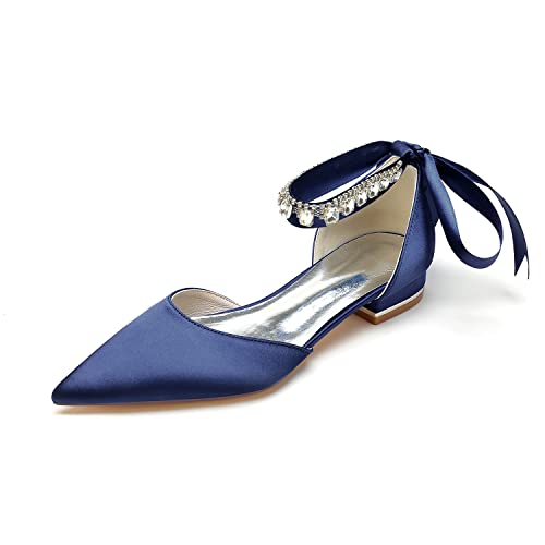 EICOFF Damen Low Heel Geschlossene Zehe Hochzeitsschuhe für Braut Satin Knöchelriemen Sandalen Abend Party Abschlussball Tanzkleid Arbeitsschuhe,Dark Blue,41 EU von EICOFF