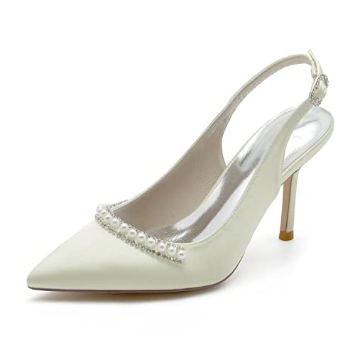 EICOFF Damen Pumps Slingback Spitzenschuhe mit Stilettos High Heels Perlen Kleid Partei Gericht Schuhe Braut Hochzeit Schuhe,Elfenbein,38 EU von EICOFF