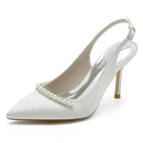 EICOFF Damen Pumps Slingback Spitzenschuhe mit Stilettos High Heels Perlen Kleid Partei Gericht Schuhe Braut Hochzeit Schuhe,Weiß,40 EU von EICOFF
