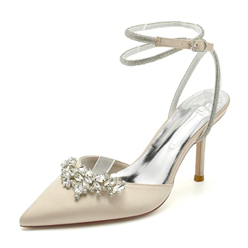 EICOFF Damen Pumps Spitzem Stilettos High Heels Geschlossene Zehen Absatzschuhe Kristall Knöchelriemen Hochzeitsschuhe Spangenpumps Tanzschuhe,Champagne,38 EU von EICOFF