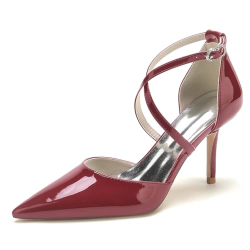 EICOFF Damen Riemchen Pumps mit Absatz Spangenpumps Brautschuhe Knöchelriemen Sandaletten Spitz Toe Frauen Kleid Hochzeitsschuhe,Burgundy,36 EU von EICOFF