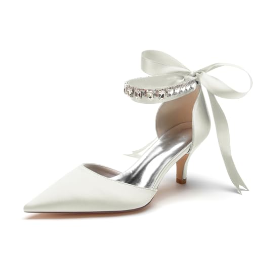 EICOFF Damen Riemchen Pumps mit Mittlerer Absatz Brautschuhe Geschlossene Zehen Absatzschuhe Hochzeitsschuhe Strass Ballkleid Pumps,Elfenbein,37 EU von EICOFF