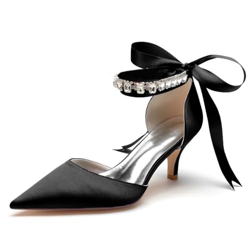 EICOFF Damen Riemchen Pumps mit Mittlerer Absatz Brautschuhe Geschlossene Zehen Absatzschuhe Hochzeitsschuhe Strass Ballkleid Pumps,Schwarz,38 EU von EICOFF