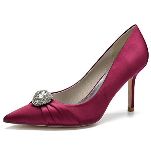 EICOFF Damen Strass Pumps mit Absatzschuhe Brautschuhe der Frauen Bequeme Slip Auf Geschlossene Zehen Braut Brautjungfer Schuhe,Burgundy,36 EU von EICOFF