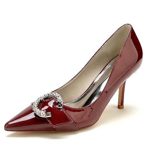 EICOFF Damen Strass Stiletto High Heels Hochzeitsschuhe für Braut Spitze Zehen Slip-On Court Schuhe Party Kleid Arbeit Abend Abschlussball Pumps,Burgundy,43 EU von EICOFF