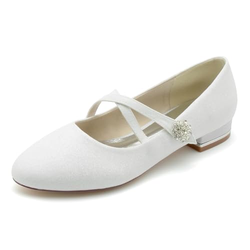 EICOFF Flach Braut Hochzeitsschuhe Damen Pumps Geschlossene Runde Zehen Niedriger Absatz Arbeitschuhe Kristall Party Kleid Schuhe,Weiß,38 EU von EICOFF