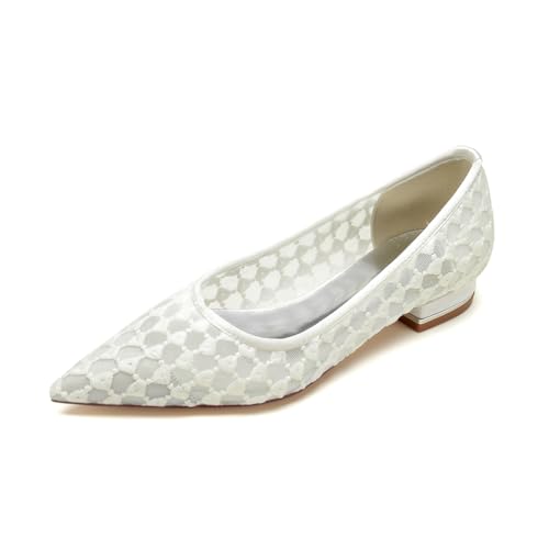 EICOFF Flach Brautschuhe Geschlossene Zehen Hochzeitsschuhe Frauen Niedriger Absatz Pumps Spitze Satin Flache Partys Kleid Büro Schuhe,Elfenbein,39 EU von EICOFF