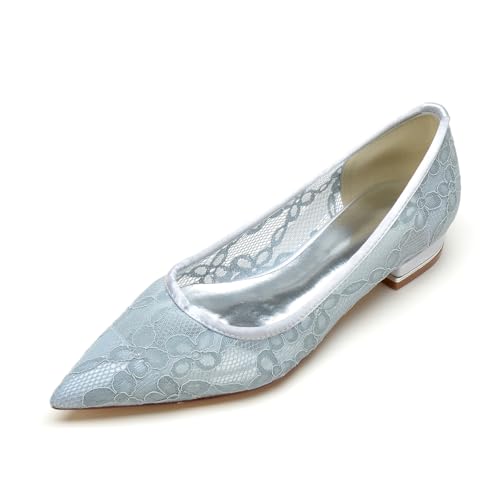 EICOFF Flach Brautschuhe Geschlossene Zehen Hochzeitsschuhe Frauen Niedriger Absatz Pumps Spitze Satin Flache Partys Kleid Büro Schuhe,Silber,39 EU von EICOFF