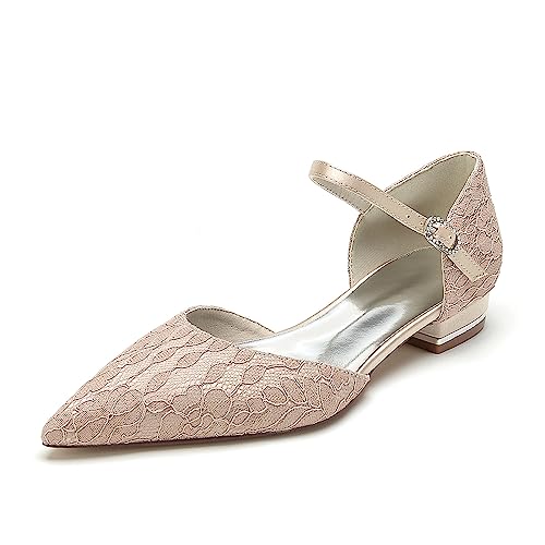 EICOFF Flache Schuhe Braut Spitz Toe Hochzeit Schuhe Flache Geschlossene Zehen Komfort Spitzen Brautschuhe Flache,Champagne,41 EU von EICOFF