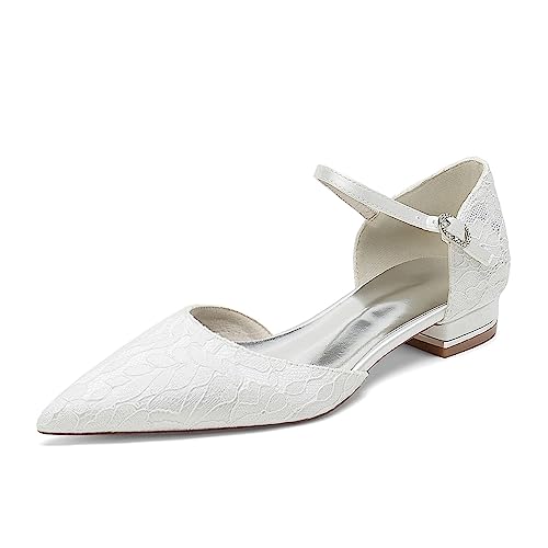 EICOFF Flache Schuhe Braut Spitz Toe Hochzeit Schuhe Flache Geschlossene Zehen Komfort Spitzen Brautschuhe Flache,Weiß,38 EU von EICOFF