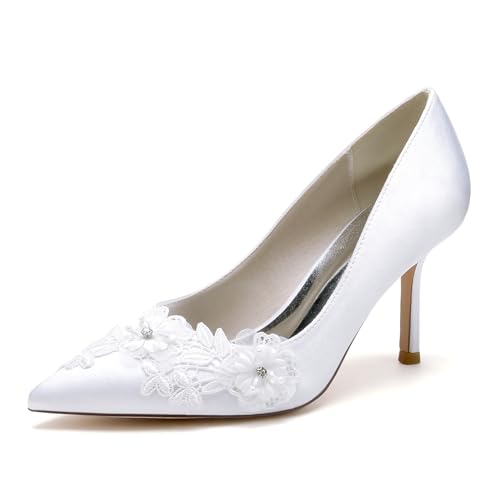 EICOFF Heels for Women Pointed Toe Stiletto High Heels Closed Toe Fashion Wedding Party Evening Prom Dance Lace Flower Dress Pump Sandals Shoes,Weiß,41 EU von EICOFF