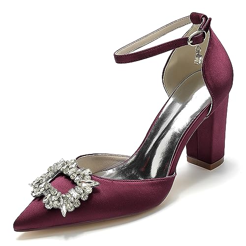 EICOFF High Chunky Block Heels Brautschuhe für Frauen Geschlossene Spitze Zehe Strass Knöchelriemen Kleid Pumpschuhe Hochzeitsfeier Sandalen,Burgundy,43 EU von EICOFF