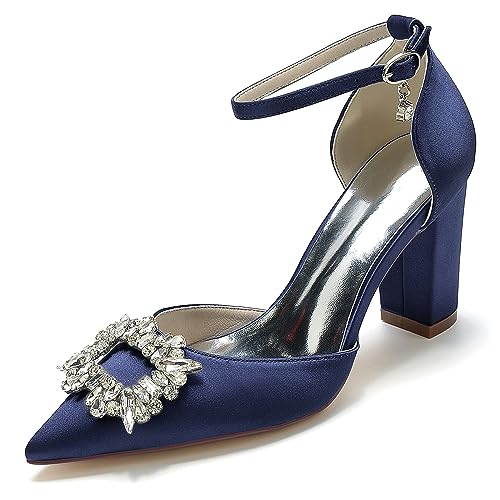 EICOFF High Chunky Block Heels Brautschuhe für Frauen Geschlossene Spitze Zehe Strass Knöchelriemen Kleid Pumpschuhe Hochzeitsfeier Sandalen,Dark Blue,38 EU von EICOFF