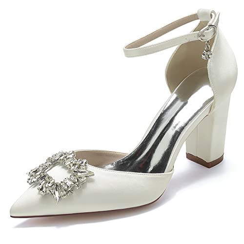 EICOFF High Chunky Block Heels Brautschuhe für Frauen Geschlossene Spitze Zehe Strass Knöchelriemen Kleid Pumpschuhe Hochzeitsfeier Sandalen,Elfenbein,39 EU von EICOFF