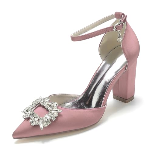 EICOFF High Chunky Block Heels Brautschuhe für Frauen Geschlossene Spitze Zehe Strass Knöchelriemen Kleid Pumpschuhe Hochzeitsfeier Sandalen,Flesh pink,40 EU von EICOFF