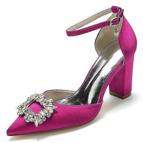 EICOFF High Chunky Block Heels Brautschuhe für Frauen Geschlossene Spitze Zehe Strass Knöchelriemen Kleid Pumpschuhe Hochzeitsfeier Sandalen,Rose,41 EU von EICOFF