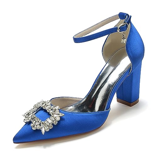 EICOFF High Chunky Block Heels Brautschuhe für Frauen Geschlossene Spitze Zehe Strass Knöchelriemen Kleid Pumpschuhe Hochzeitsfeier Sandalen,Royal Blue,39 EU von EICOFF