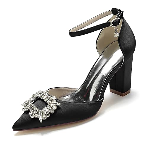 EICOFF High Chunky Block Heels Brautschuhe für Frauen Geschlossene Spitze Zehe Strass Knöchelriemen Kleid Pumpschuhe Hochzeitsfeier Sandalen,Schwarz,36 EU von EICOFF