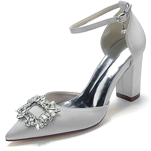EICOFF High Chunky Block Heels Brautschuhe für Frauen Geschlossene Spitze Zehe Strass Knöchelriemen Kleid Pumpschuhe Hochzeitsfeier Sandalen,Silber,37 EU von EICOFF
