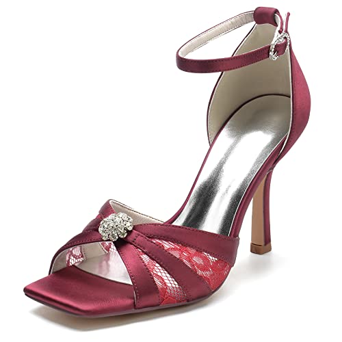 EICOFF Hochzeitsschuhe Damen High Heels Spangenpumps Strass Offene Zehen Knöchelriemen Brautschuhe Abend Party Schuhe,Burgundy,37 EU von EICOFF