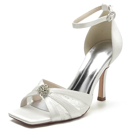 EICOFF Hochzeitsschuhe Damen High Heels Spangenpumps Strass Offene Zehen Knöchelriemen Brautschuhe Abend Party Schuhe,Elfenbein,36 EU von EICOFF