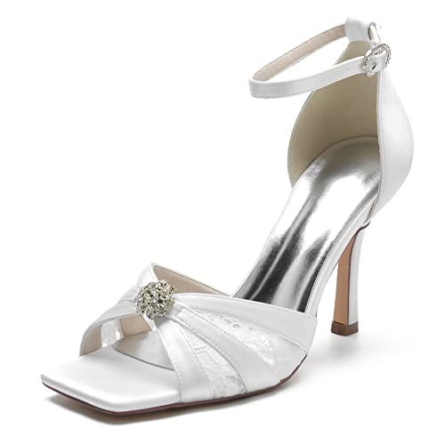 EICOFF Hochzeitsschuhe Damen High Heels Spangenpumps Strass Offene Zehen Knöchelriemen Brautschuhe Abend Party Schuhe,Weiß,39 EU von EICOFF
