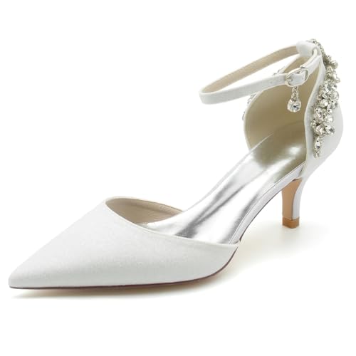 EICOFF Hochzeitsschuhe Damen Niedrige Kitten Heels Pumps Spitze Geschlossene Zehe Strass Knöchelriemen Brautkleid Schuhe Abend Party Arbeitschuhe,Weiß,39 EU von EICOFF