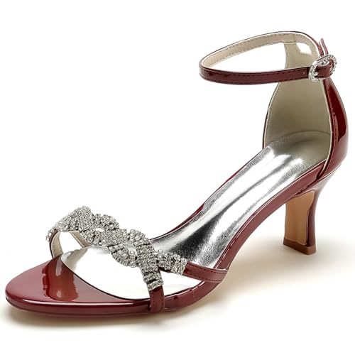 EICOFF Hochzeitsschuhe Damen Offene Zehen Tanzschuhe Sandaletten mit Riemen Stilettos Pumps Strass Braut Partys Kleid Arbeitschuhe,Burgundy,36 EU von EICOFF
