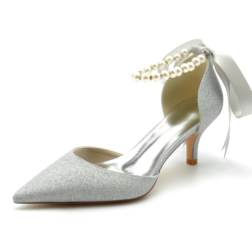 EICOFF Hochzeitsschuhe Damen Perlen Weiß Pumps Kitten Heels Low Heel Braut High Heels Spitze Zehen Knöchelriemen Absatz Party Kleid Abendschuhe,Silber,38 EU von EICOFF