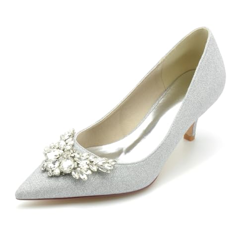 EICOFF Hochzeitsschuhe Damen Slip Auf Brautschuhe Geschlossener Spitze Glitzer Pumps Kristall Absatzschuhe Kleid Partei Arbeitschuhe,Silber,40 EU von EICOFF