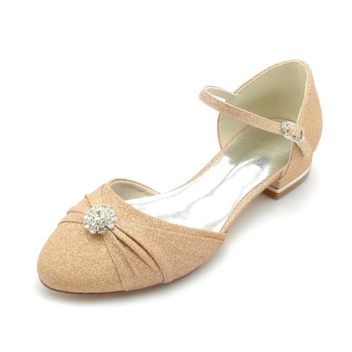 EICOFF Hochzeitsschuhe Flach Damen Niedriger Absatz Pumps Geschlossene Runde Zehen Kristall Verstellbare Schnalle Brautschuhe Ballerinas,Champagne,43 EU von EICOFF