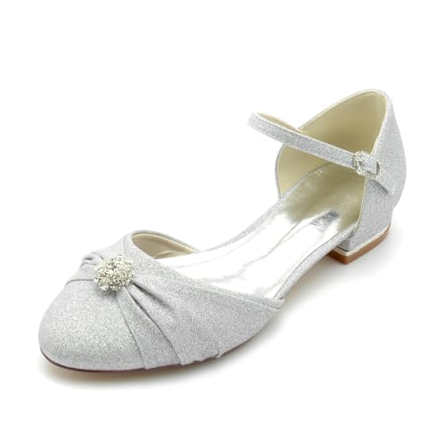 EICOFF Hochzeitsschuhe Flach Damen Niedriger Absatz Pumps Geschlossene Runde Zehen Kristall Verstellbare Schnalle Brautschuhe Ballerinas,Silber,40 EU von EICOFF