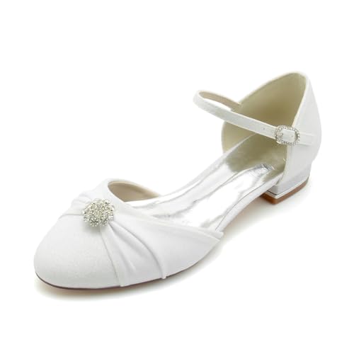 EICOFF Hochzeitsschuhe Flach Damen Niedriger Absatz Pumps Geschlossene Runde Zehen Kristall Verstellbare Schnalle Brautschuhe Ballerinas,Weiß,36 EU von EICOFF