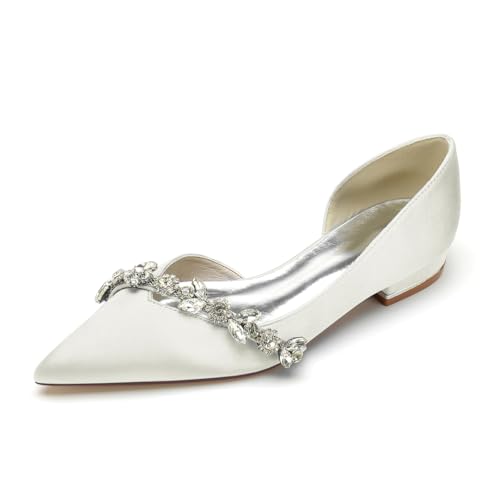 EICOFF Hochzeitsschuhe Flache Damen Geschlossene Zehen Brautschuhe Slip On Flach Ballerinas Satin Niedriger Absatz Abend Party Schuhe,Elfenbein,37 EU von EICOFF