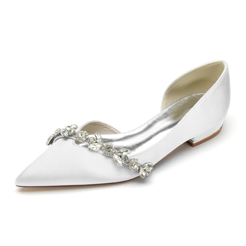 EICOFF Hochzeitsschuhe Flache Damen Geschlossene Zehen Brautschuhe Slip On Flach Ballerinas Satin Niedriger Absatz Abend Party Schuhe,Weiß,40 EU von EICOFF